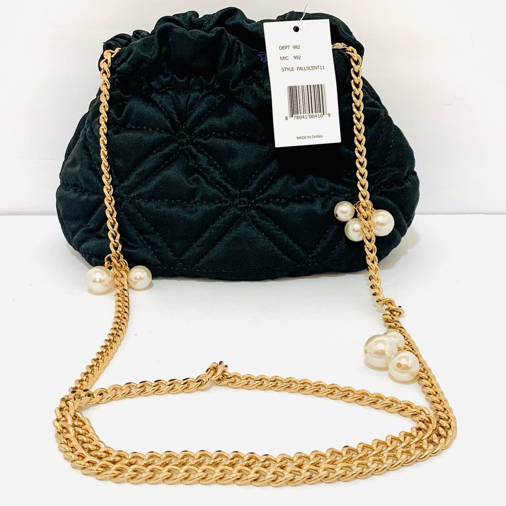 NEW Quilted Black Gold Tone Chain Strap Pearl Bauble Magnetic Snap Crossbody